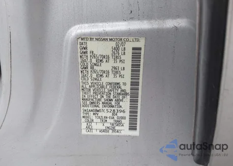 2007 Nissan Xterra S z USA, uszkodzony, nr VIN 5N1AN08W07C528396